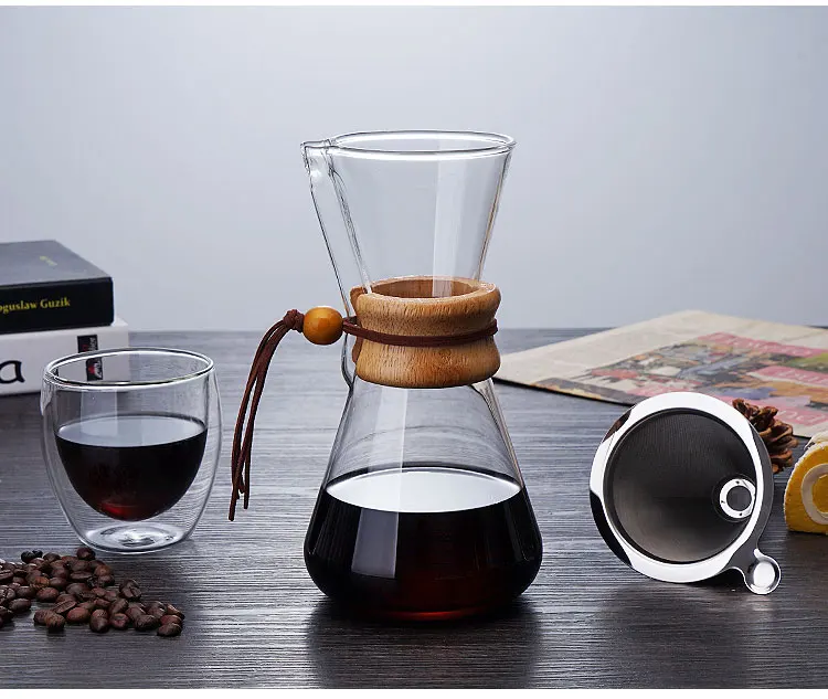 Handblown wholesale pour over glass coffee maker with wood neck