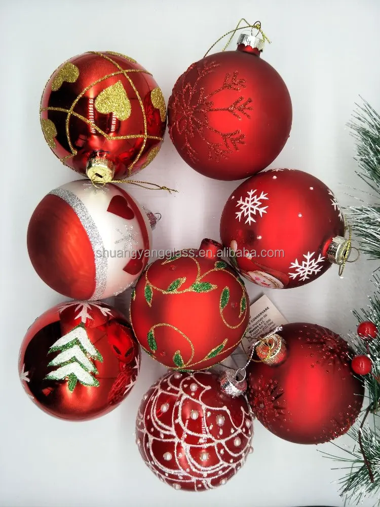 Christmas tree hanging decoration classic red hand-painted green leaf pattern glass balls