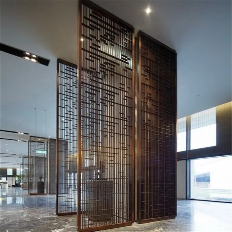 interior wall divider Entrance lobby reception desk background wall panel stainless steel huge metal screen