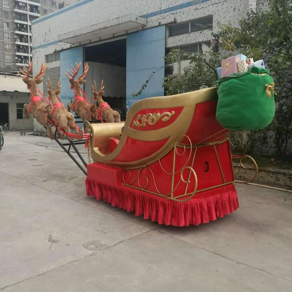 Life size fiberglass Christmas sculpture mall decoration dynamic Sleigh reindeer statue with wheel