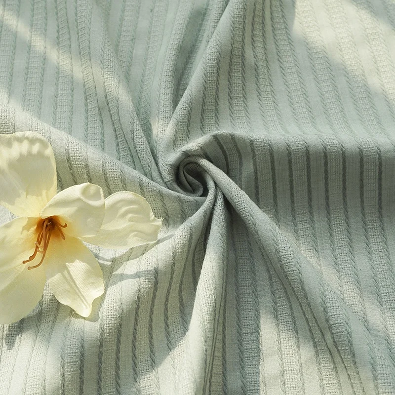 Wholesale plain dyed leno green stripe shirt jacquard weave cotton fabric details