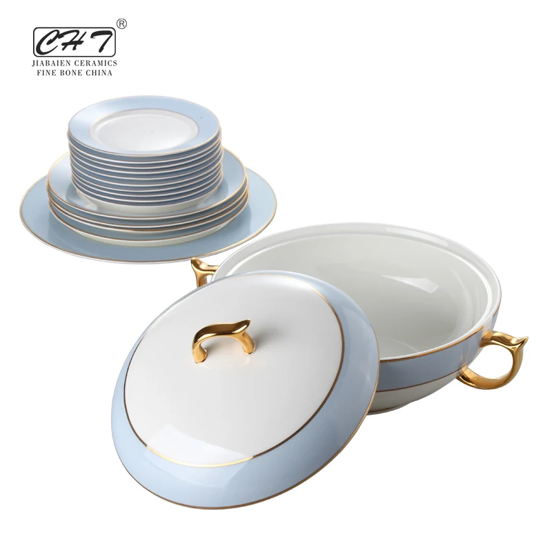 Wholesale different color sky blue complete western luxury dinnerware sets fine bone china dinner set for restaurant hotel used
