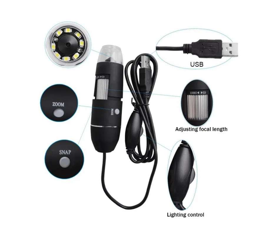 Portable USB Digital microscope 200X 800X 1600X 500X 50 X ~ 500X In-built White Light 8 LED magnifier Endoscope Video Camera