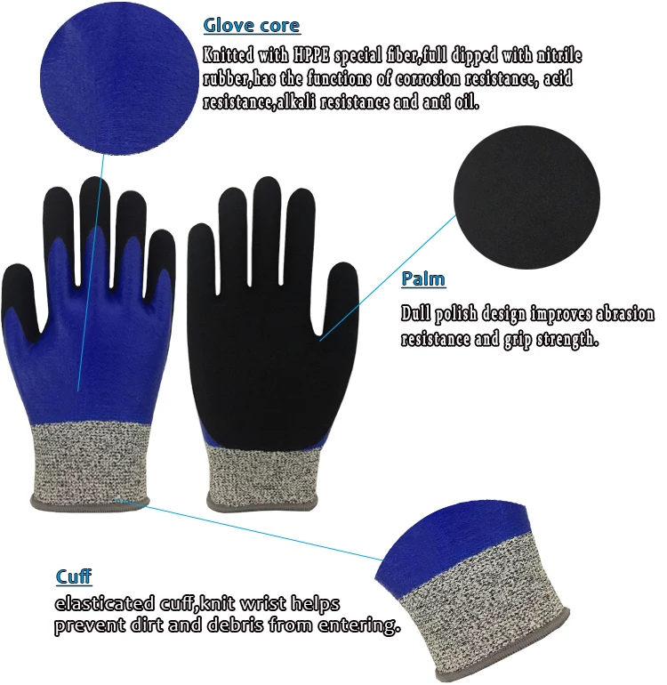 Высококачественные HPPE нитриловые резиновые пенопластовые полностью огруженные промышленные перчатки EN388 уровень 5 устойчивые к