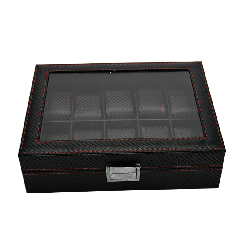 Carbon Fiber 10 Slots Oem custom  luxury black  pu leather watch storage display box ladies watch packaging gift box with pillow