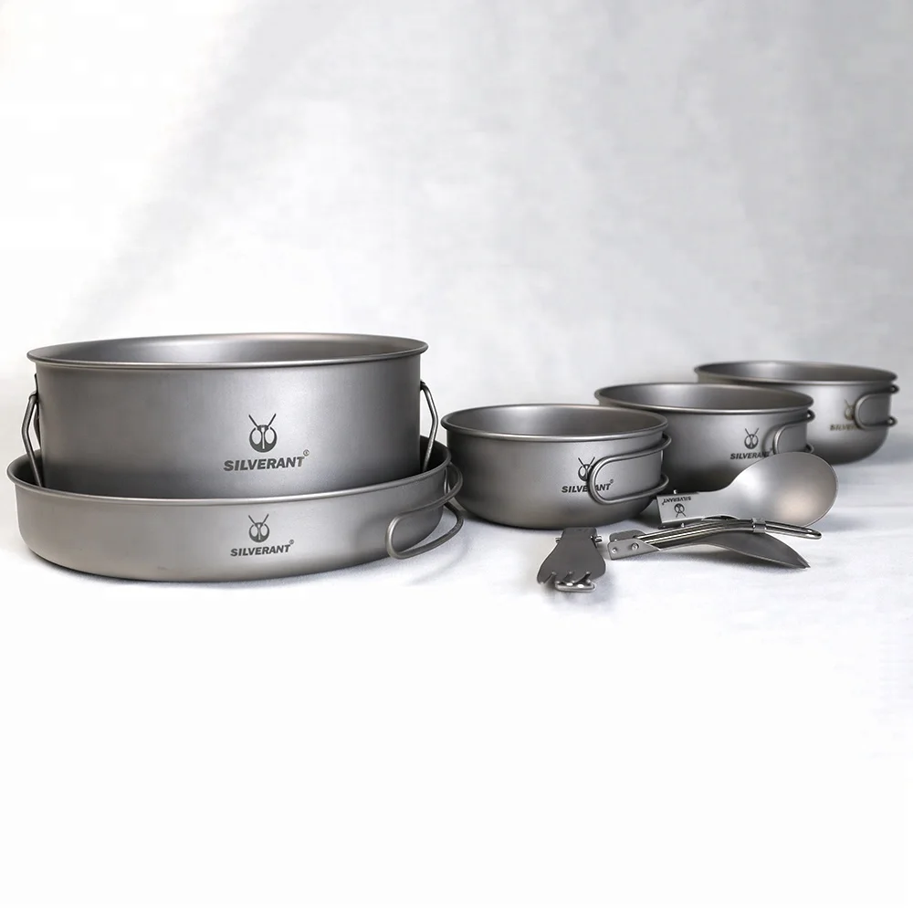 Ultralight Eight-piece Outdoor Camping Titanium Food Set Camping Equipment Cookware Folding Handle Pan Bowl Knife Spork Tools