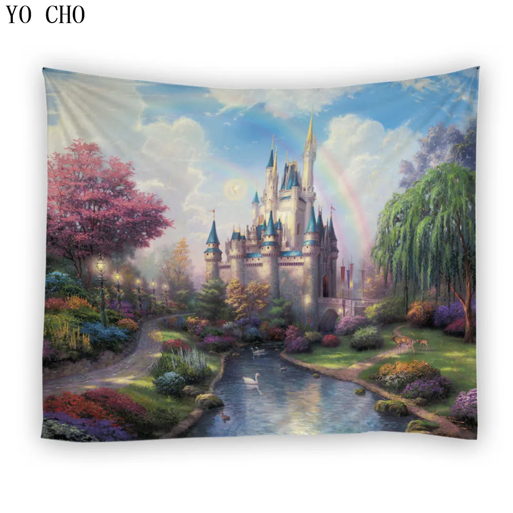 
YO CHO Wholesale polyester wall hanging tapestry with fantasy castles tree ice palace 3d jacquard rectangle cloth wall carpet 