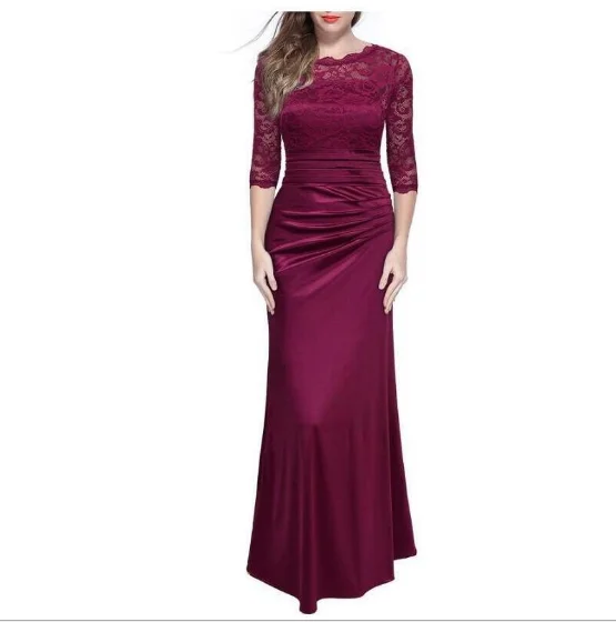 
3/4 Sleeve Fashion Boat Neck Women Casual Beaded Lace Women Prom Long Dress 