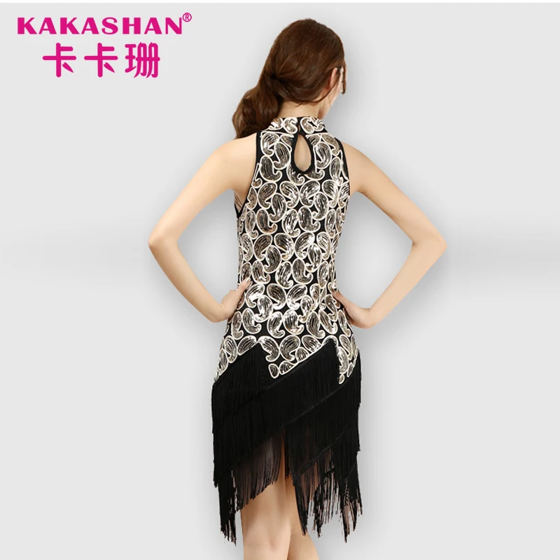 Tassel paillette black and gold beaded high neck jazz competition performance wear salsa latin dance costumes UK for women
