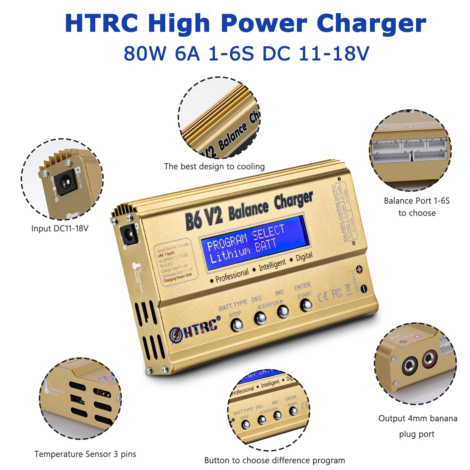 
HTRC B6 V2 80W Professional Digital Lipo Battery Balance Charger Discharger for LiHV LiPo LiIon LiFe NiCd NiMH PB Battery 