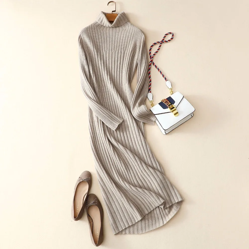 Ladies winter women stripe casual dress cashmere dress wool turtleneck evening dress Cable Knit Sweater for women