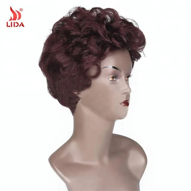 Lida synthetic Short Afro Curly Wine Red 99J# 4inch 6044 old lady Wig