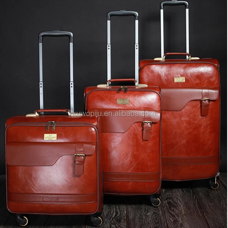 3pc brown leather Rolling Trolley Bag brown leather carry on leather luggage for men