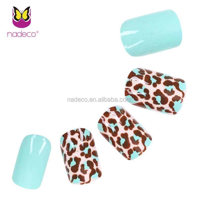 NADECO Full Cover Blue Sweet Color Sticky Nails Acrylic with Leopard Print Picture