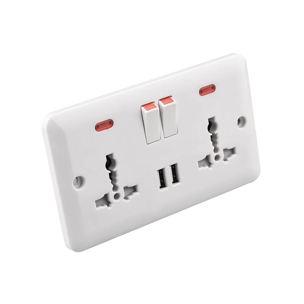Universal 13A electric double USB port wall switch socket
