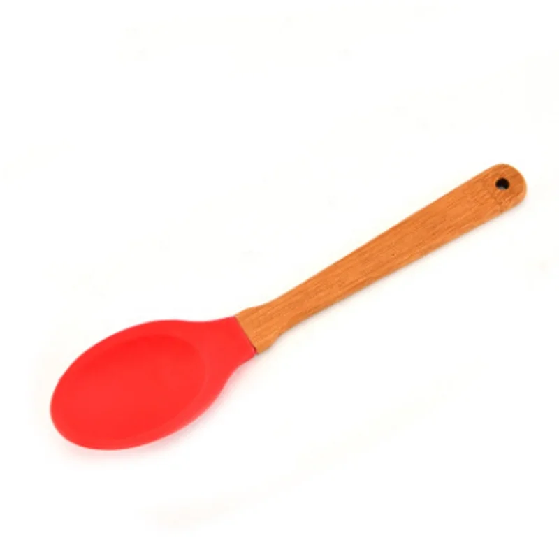 Classical red/yellow silicone head wooden handle spoonula and spoon set for making salad