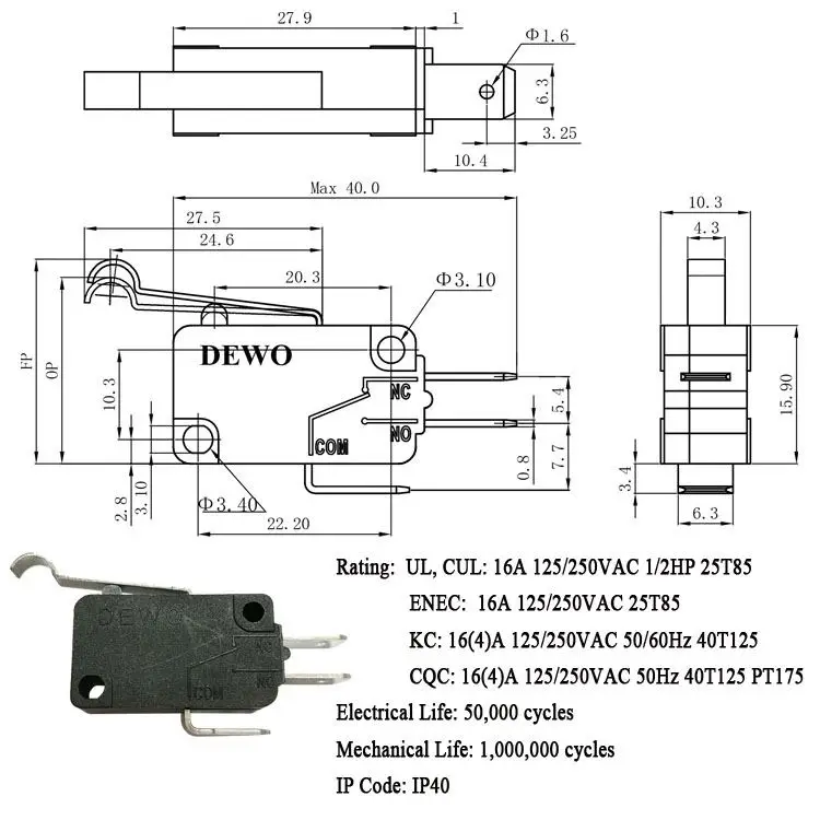 Китай, kw3a 16a 10t105 250v snapaction cqc, серебристый контактный микропереключатель