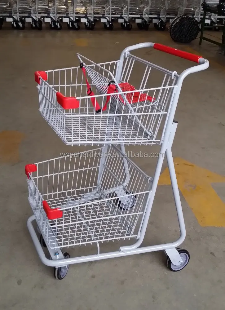 
2 layer double basket supermaeket shopping trolley cart unfolding 