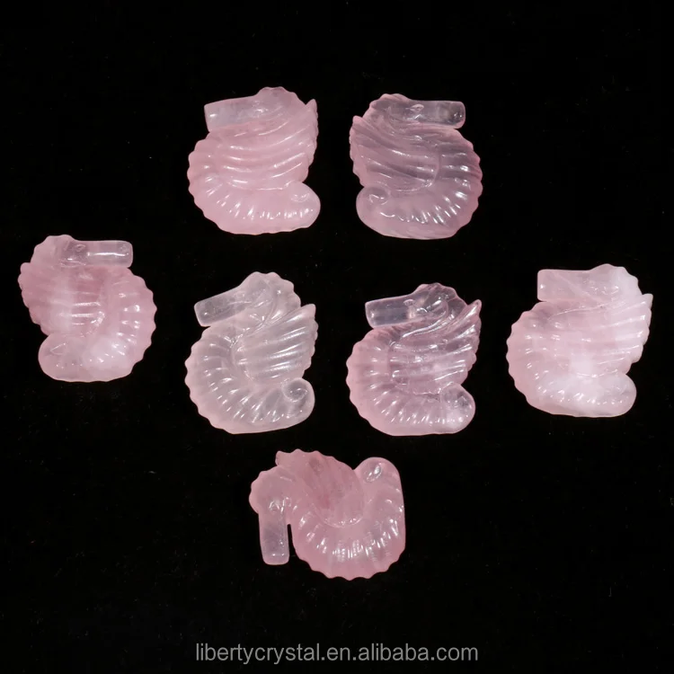 Natural Pink Rose Crystal Sea Horse Healing Carved Figurine