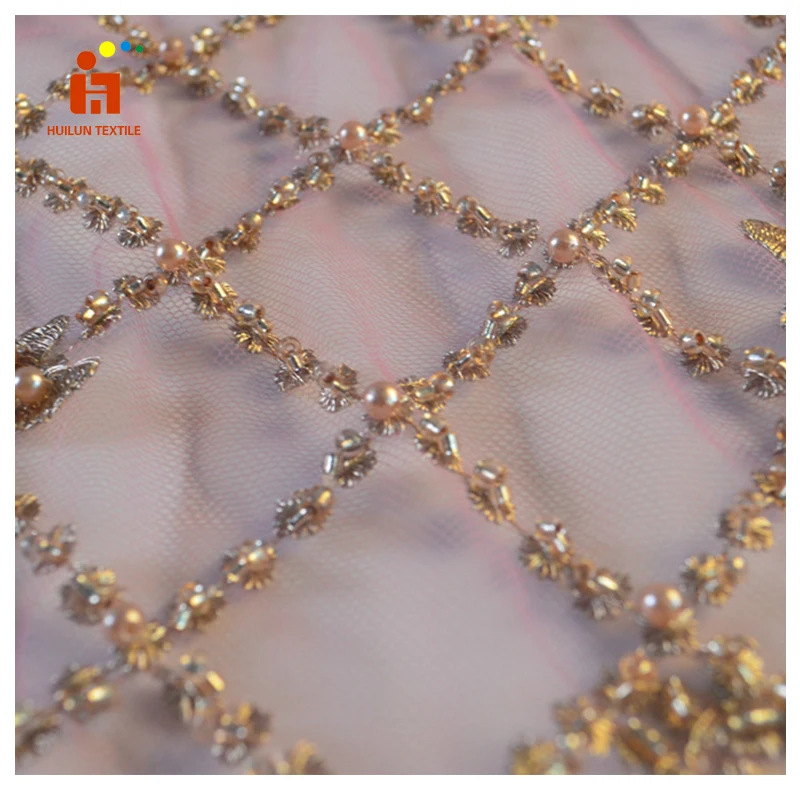 HLSD184# recycled polyester hand beaded mesh tulle sequin bead embroidery lace fabric