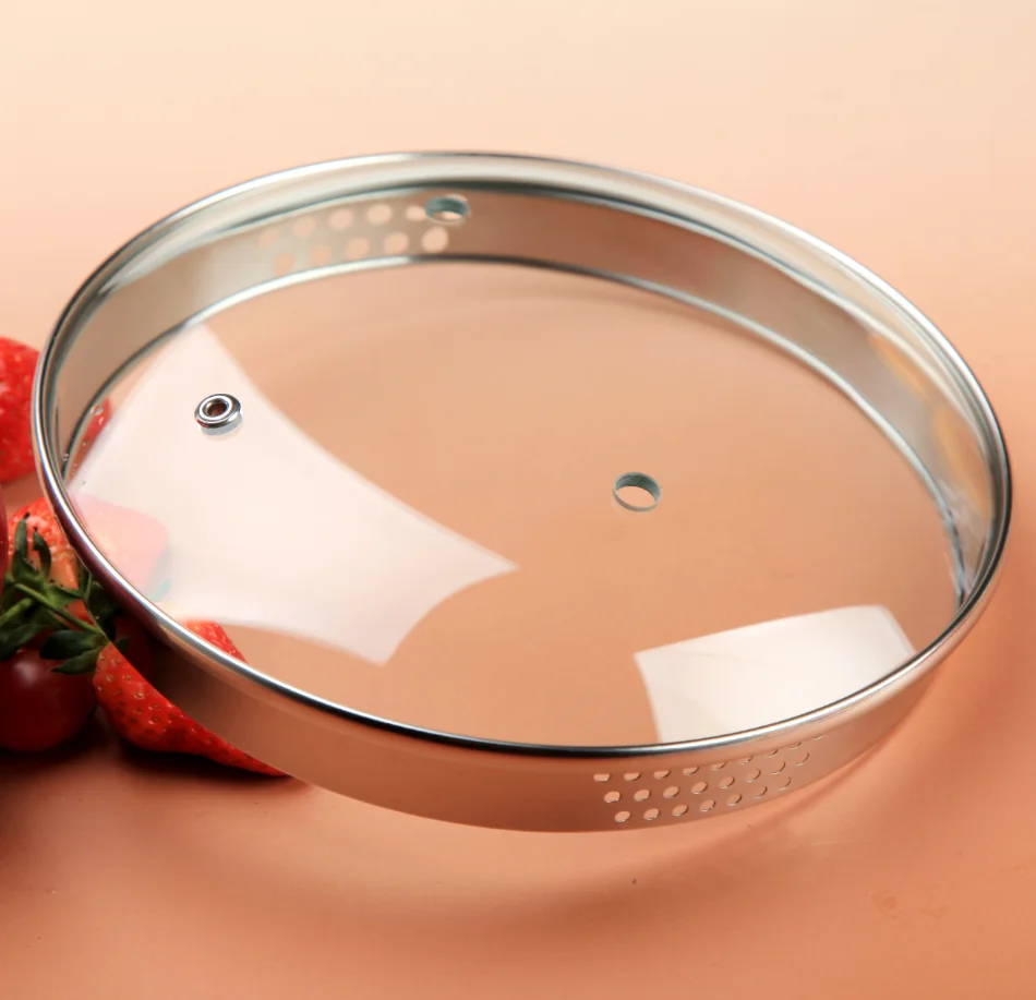 4mm glass 304ss rim L type tempered glass cover glass lid with handle and knob for cookware frying pan pot