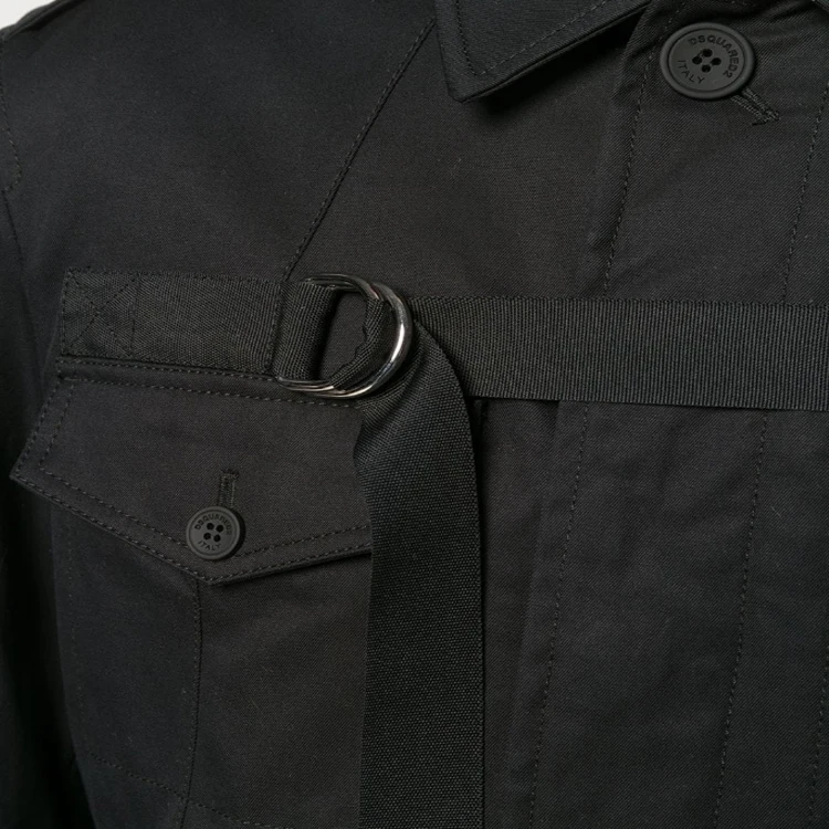 Black D - Shaped Military Style Jacket Concealed Front Opening and Closing for Men