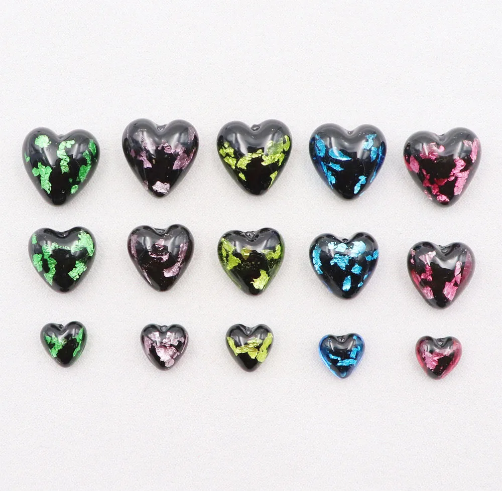 Wholesale Italian Venetian Murano Glass Crushed Foil Half Hole Heart Bulk Lampwork Jewelry Beads for Craft Supplies & Tools