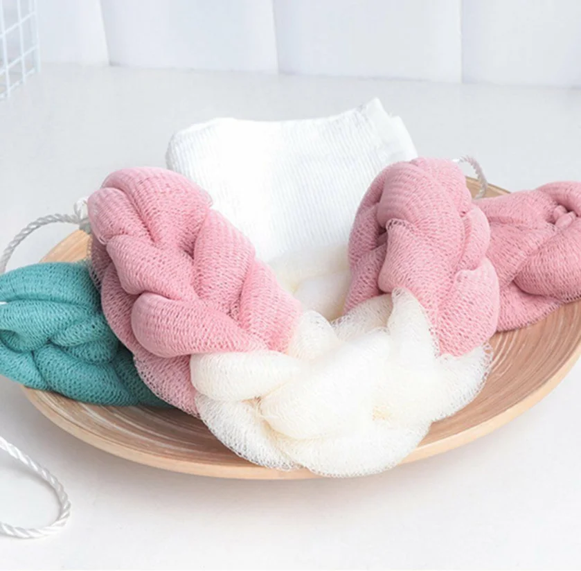 Free Shipping Rope Handles Sponge Exfoliating Body Scrub Stretch Braided Loofah Bath Shower Mesh