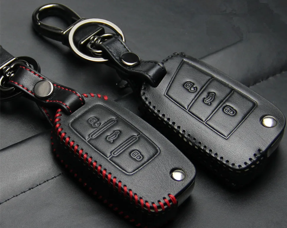 3D Black Car Remote Aritical Threading Leather Car Key Case Cover For VW Polo Golf6 CC Golf7 3 foldable buttons