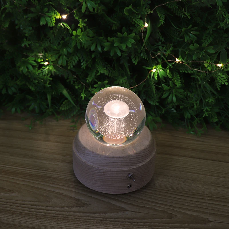 KC Certified Jellyfish Crystal Ball Music Box Led Night Light Wood Base Rechargeable Decoration Kids Bedroom Light