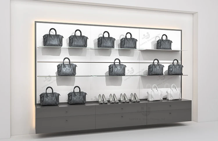 Modern Design Retail Bags Boutique Wall Display Showcase with Shelves Design Handbag Shelves with LED Light Fixture