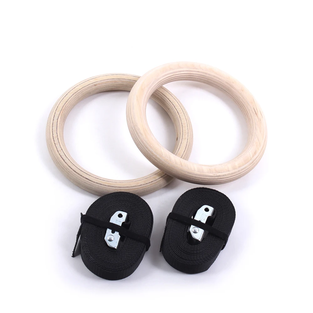 Gym rings with nylon strap in pairs strength training wooden gymnastic rings