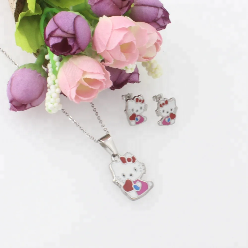 Wholesale Cartoon Kids Children Epoxy Stainless Steel Gold Plated Enamel Jewelry Sets  Earring Pendant Set