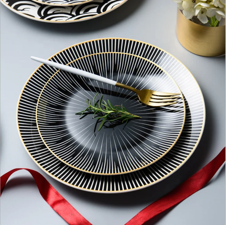 New design wholesale luxury sunflower pattern plain black dinner set ceramic dishes