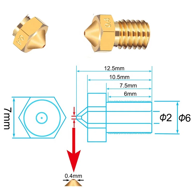 Brass V5 V6 3D Printer Nozzle 0.2  E3D V6 Nozzle