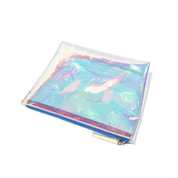 Custom hologram iridescent laser pvc cosmetic bag, transparent holographic PVC zipper makeup bag