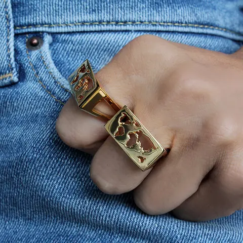 Gemnel dainty 18K gold fine jewelry earth map signet world adjustable ring