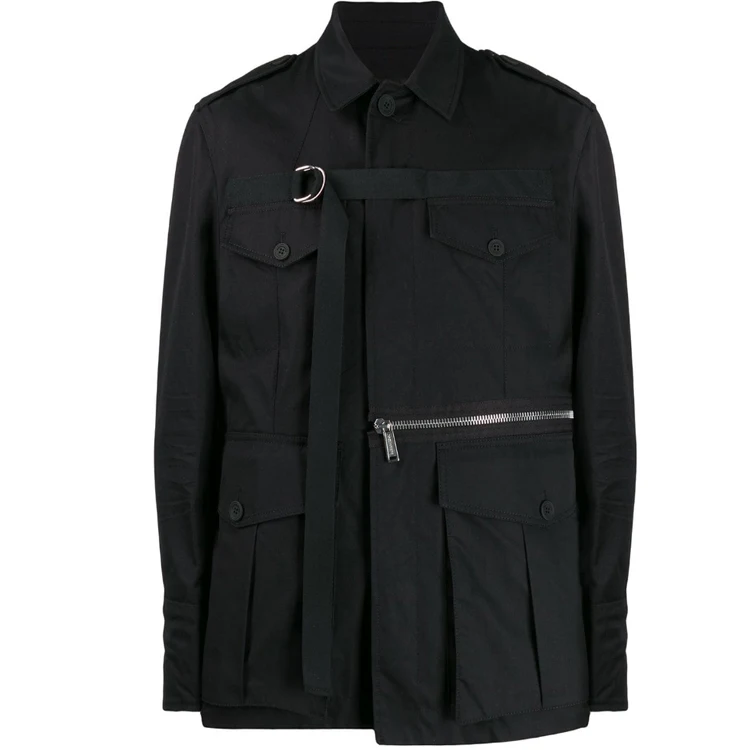 Black D - Shaped Military Style Jacket Concealed Front Opening and Closing for Men
