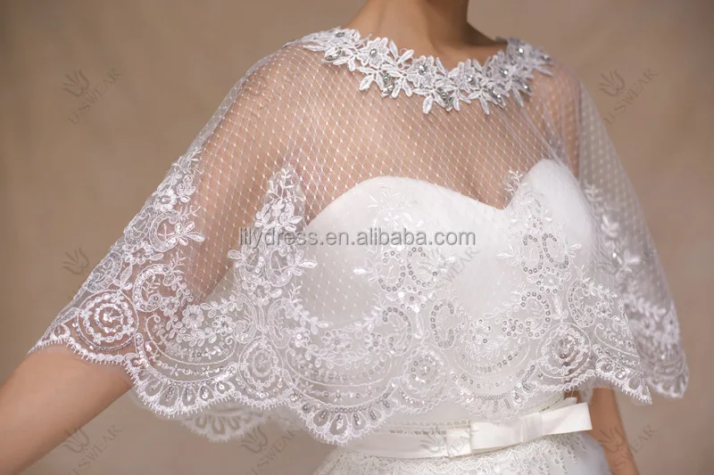 White Lace Round Lace Crystal Neck Brides Cape Bridal Bolero Wedding Jackets Summer Wear PJ1005 Etole Mariage