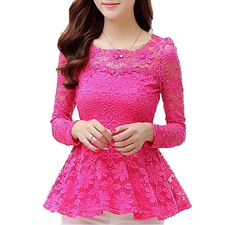 Fashion Woman Flounce Peplum Hollow Out Floral Lace Blouses
