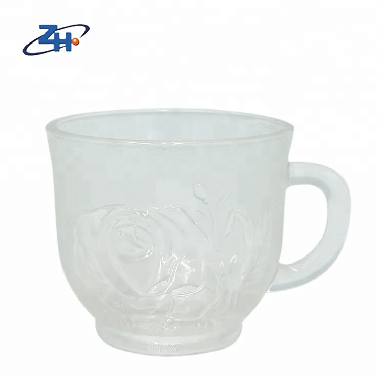 Hot sale rose embossed pattern glass coffee tea mug with saucer