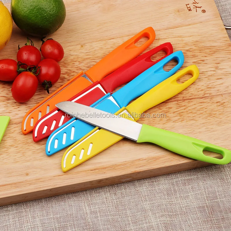 
High Quality Stainless Steel Colorful Handle Cheap Portable Paring Knife With PP Sheath 