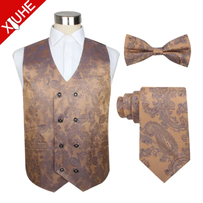 
Slimming 100 Polyester Men Vest New Design Paisley Double Breasted Wedding Waistcoat Set 