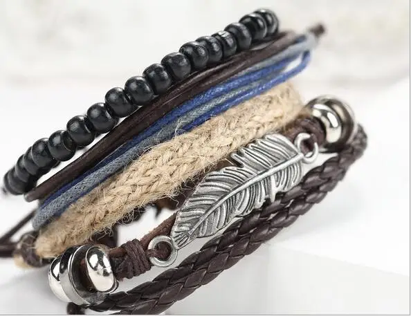 Punk Metal Feather Wood Beads Braclets & Bangles For Men Boy Cool Wristband Fashion Rock Multi Layer feather leather bracelet