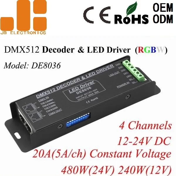 JIBANG DC12-24V 5Ax4CH RGBW Constant Voltage DMX512 Decoder DMX LED Driver DE8036