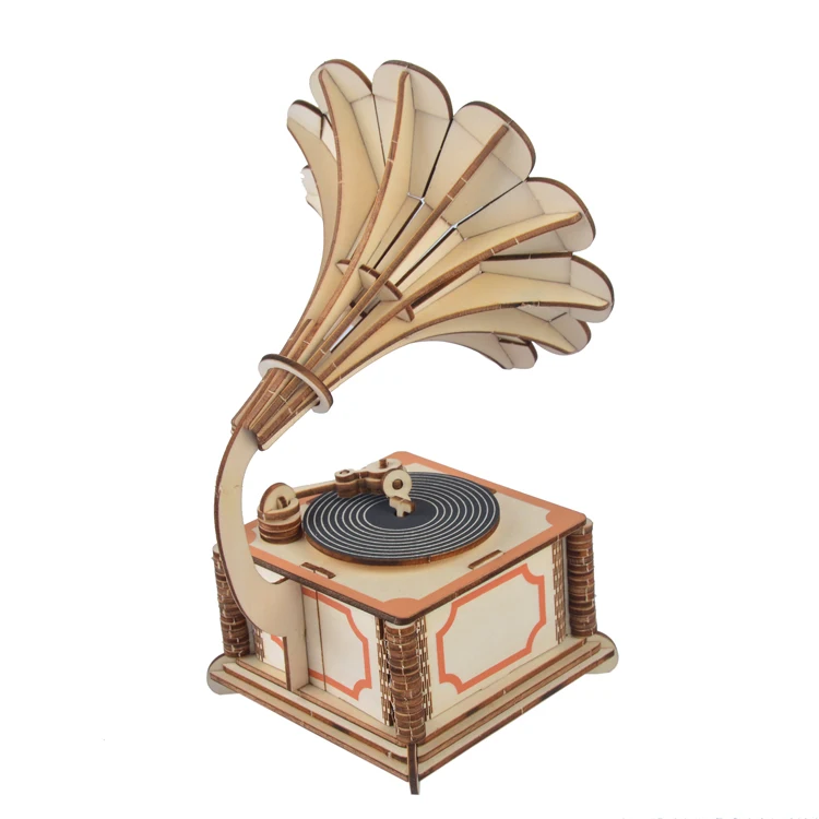 Funny Number Early Learning High Quality 3D DIY Wooden Home Decoration Craft of Phonograph