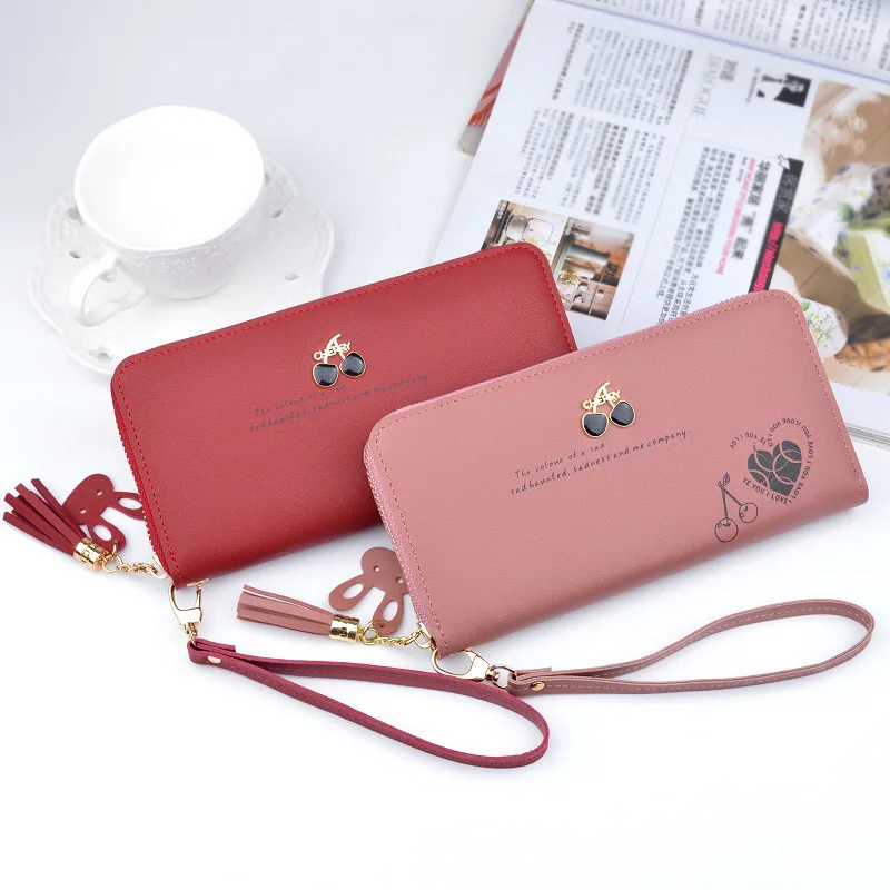 2019 New women cherry wallet large capacity zipper tassel wallet mobile phone bag
