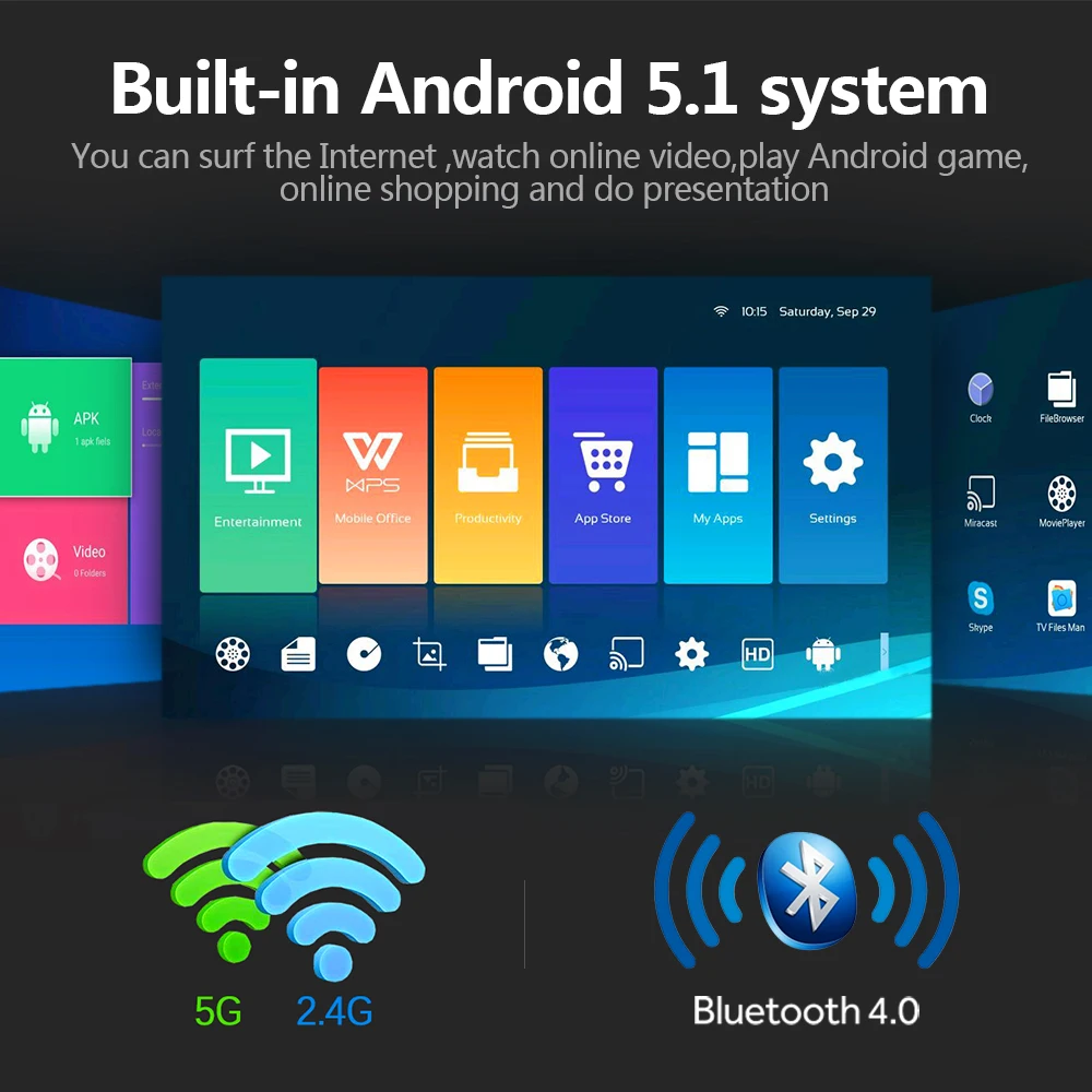 AUN Projector H1,Memory: 2G+16G. Build in Android, WIFI, MINI LED Projector