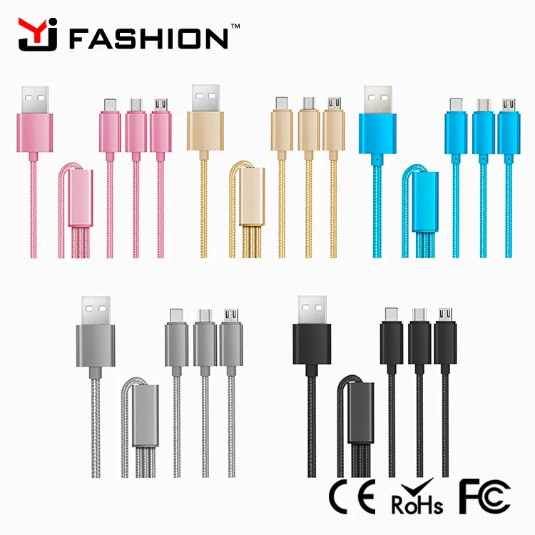 Best Seller Multi charging cable 3in1 Nylon Braided Multiple USB Fast Charger Cord (120cm) with ios 8pin / Micro USB / Type C