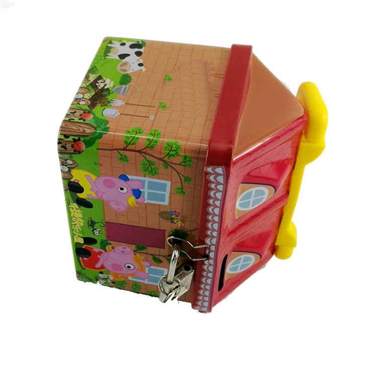 Color Graphic Metal House Shape Children Holiday Promotion Gift Money Saving Tin Box